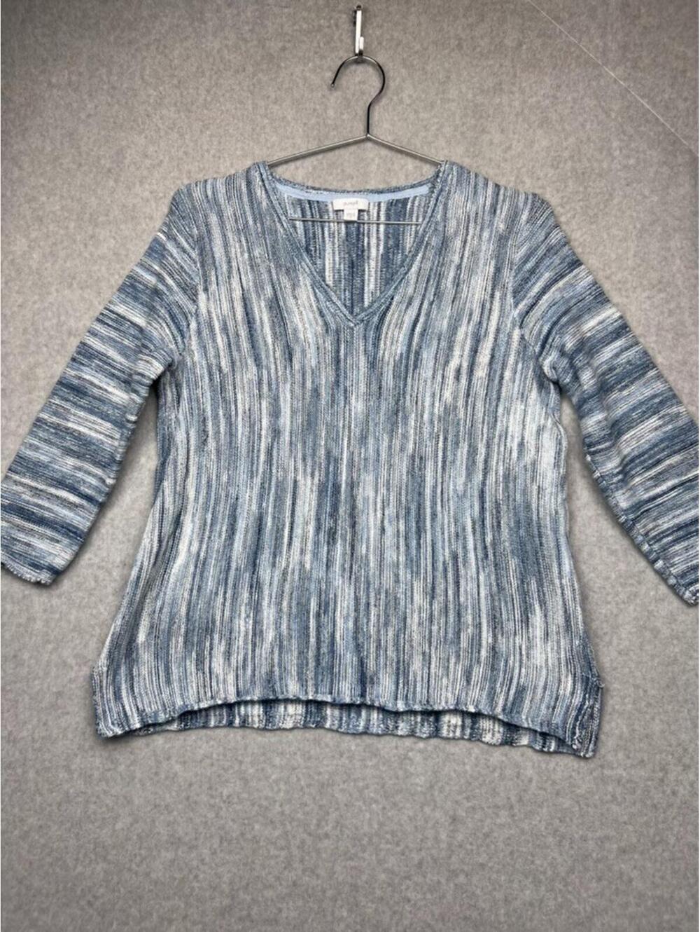J Jill Pure Jill Cotton Sweater M Blue Space Dyed Marled V Neck Coastal Knit